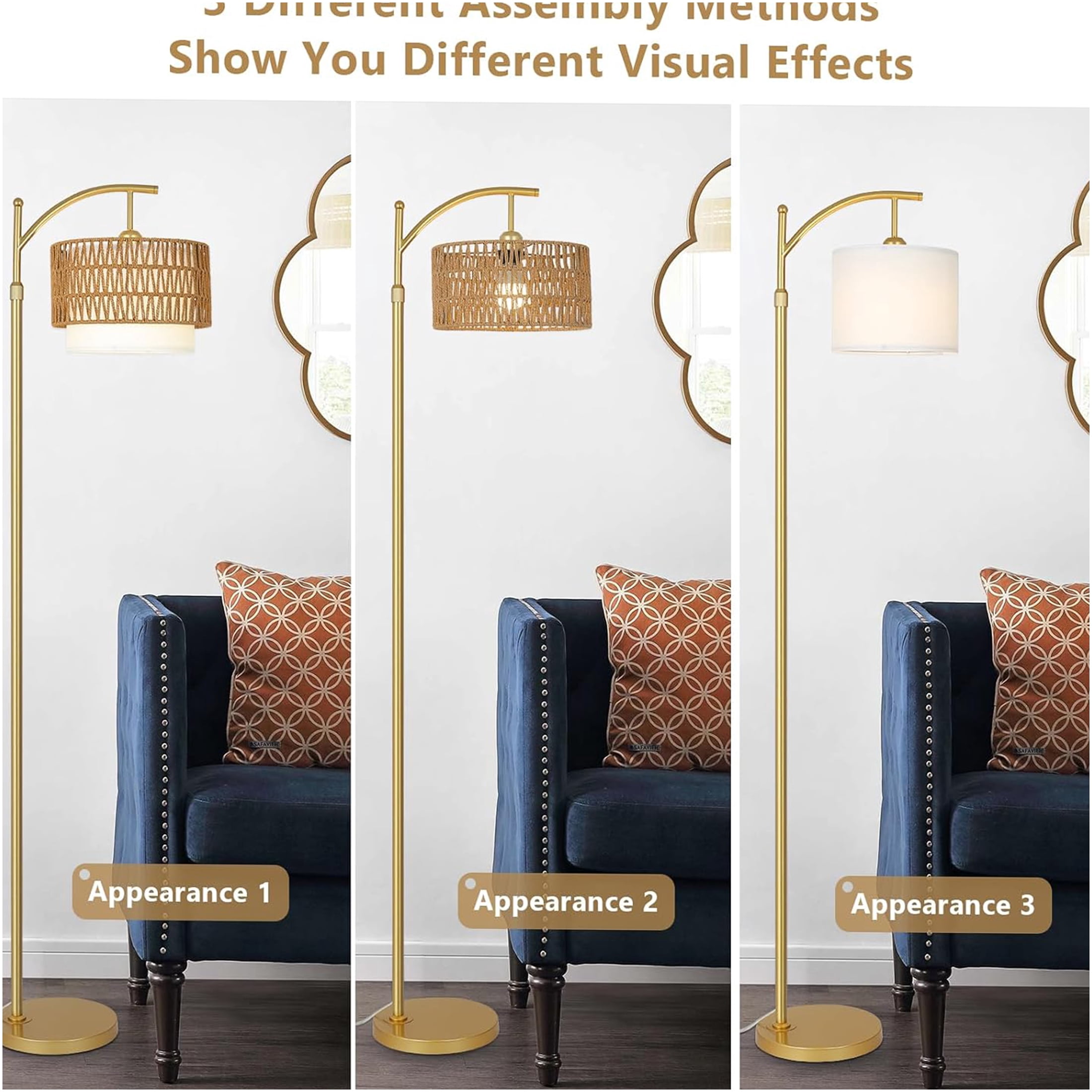 JERFIT Modern Arc Floor Lamp with Remote, Dimmable LED Bulb, Rattan & Fabric Shade for Living Room Bedroom