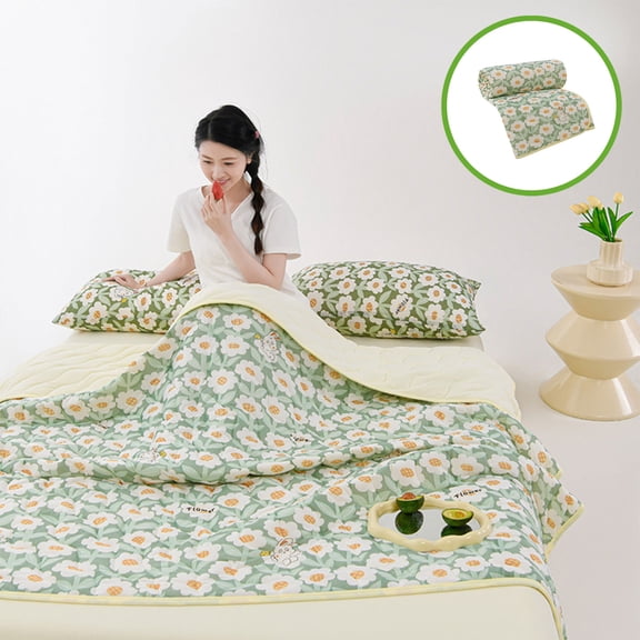 Tuvgenk Green Quilts Polyester Twin Floral Blanket Lightweight Cooling Machine Washable Travel Summer Cover Blanket