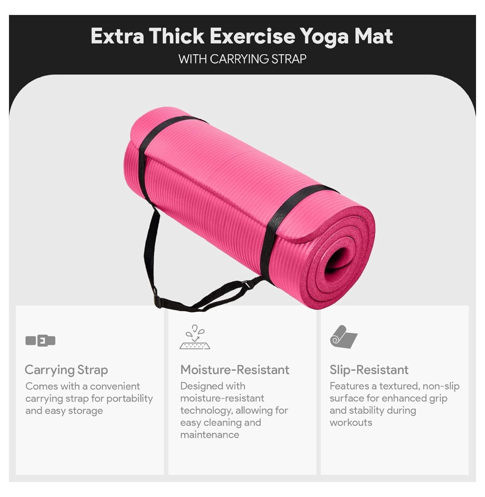Yoga Mat 1 Inch Thick - Non Slip Exercise Mat with Strap - Extra Large 71x24in Pilates Mat for Women Men - Pink High Density Workout Mat for Floor