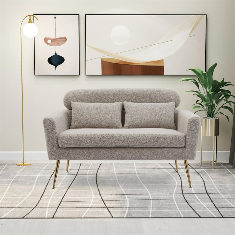 Modern Accent Small Loveseat Sofa Upholstered Couch with 2 Throw Pillows Two Seater Sofa Couch with Plywood Frame and Metal Legs for Small Space
