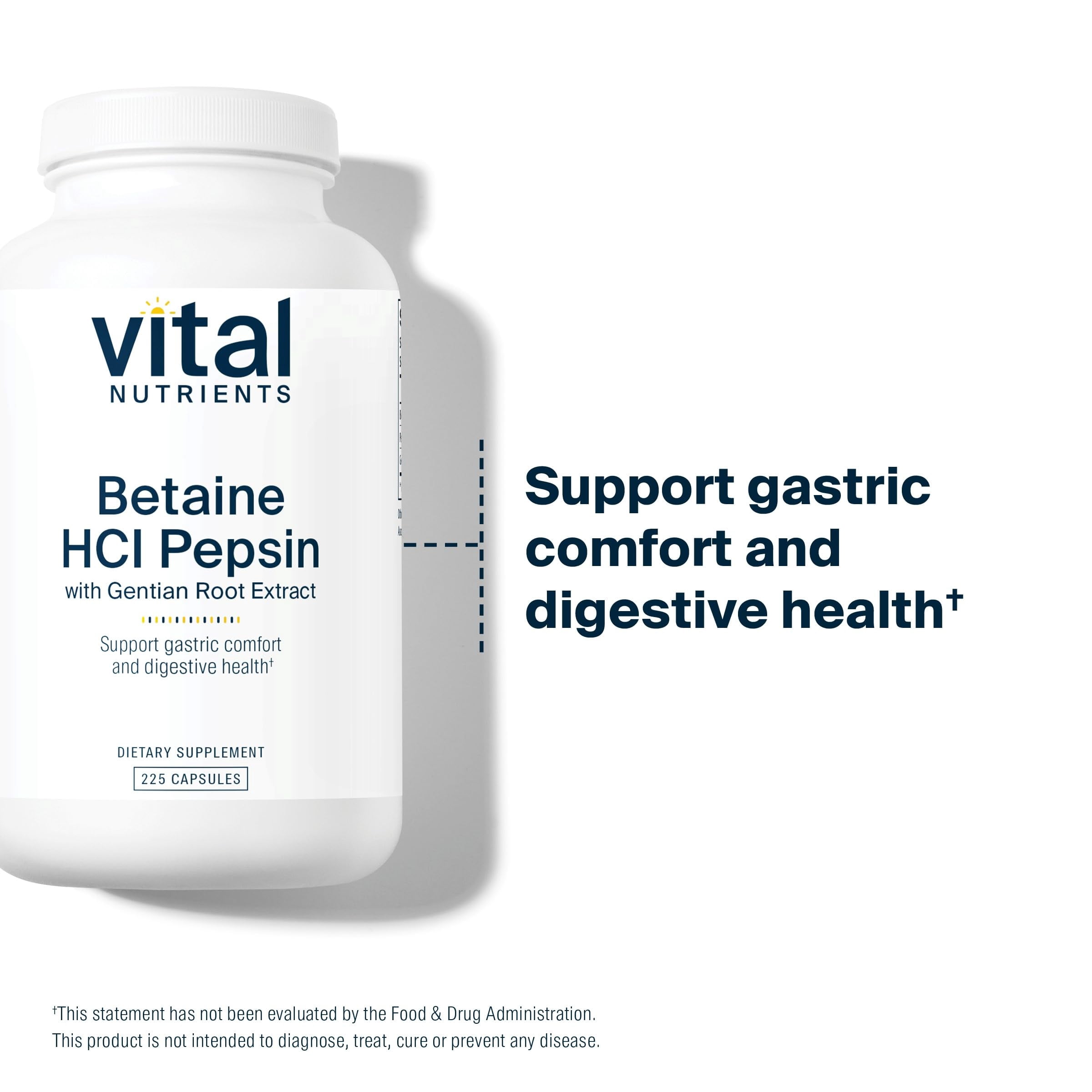 Vital Nutrients Betaine HCL Pepsin with Gentian Root Extract | Digestive Enzyme Formula to Support Protein Digestion and Nutrient Absorption | Gluten, Dairy, Soy Free | 225 Capsules