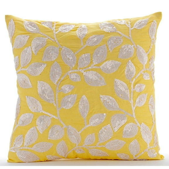 Pillow Cover, Yellow Throw Pillow Covers 16x16 inch (40x40 cm), Silk Pillowcase With Zipper, Nature & Floral, Leaf, Sequins Embellished, Tropical - Nature Is Classy