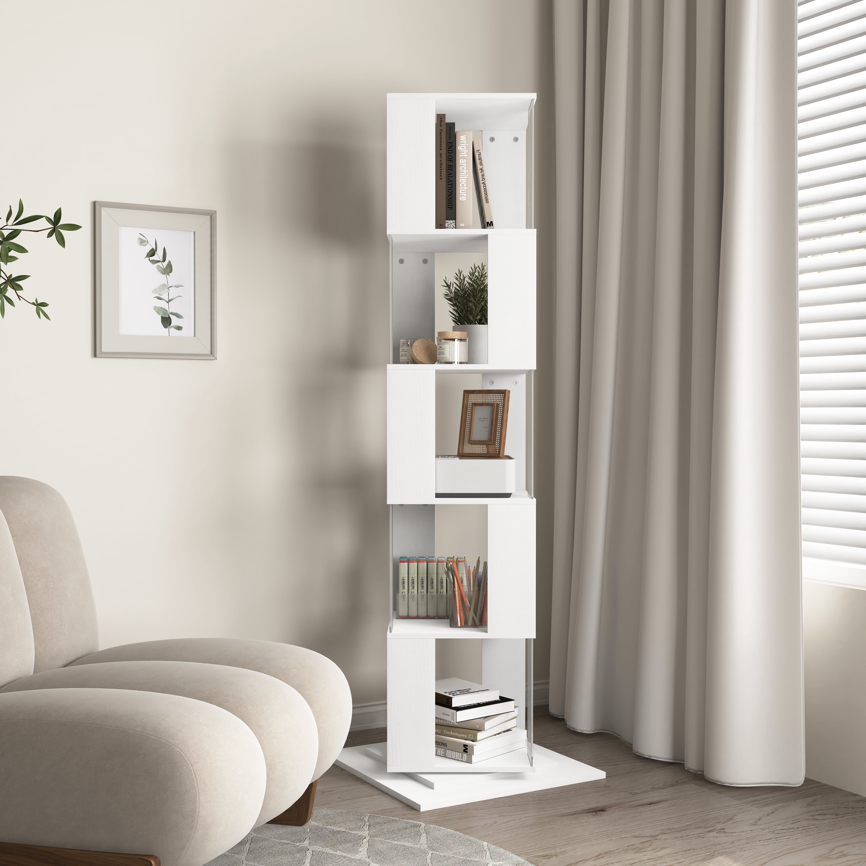 MAYEERTY 5-Tier Rotating Bookshelf, Space-Saving Bookcase with Acrylic Plate & Anti-Tipping Base