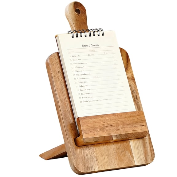 Acacia Wood Cookbook Stand, Solid Wood Kitchen Tablet Stand Recipe Book Holder with Foldable Kickstand, Cutting Board Shape, Rustic Farmhouse Decor, 12.6 x 7.1 x 7.1 in
