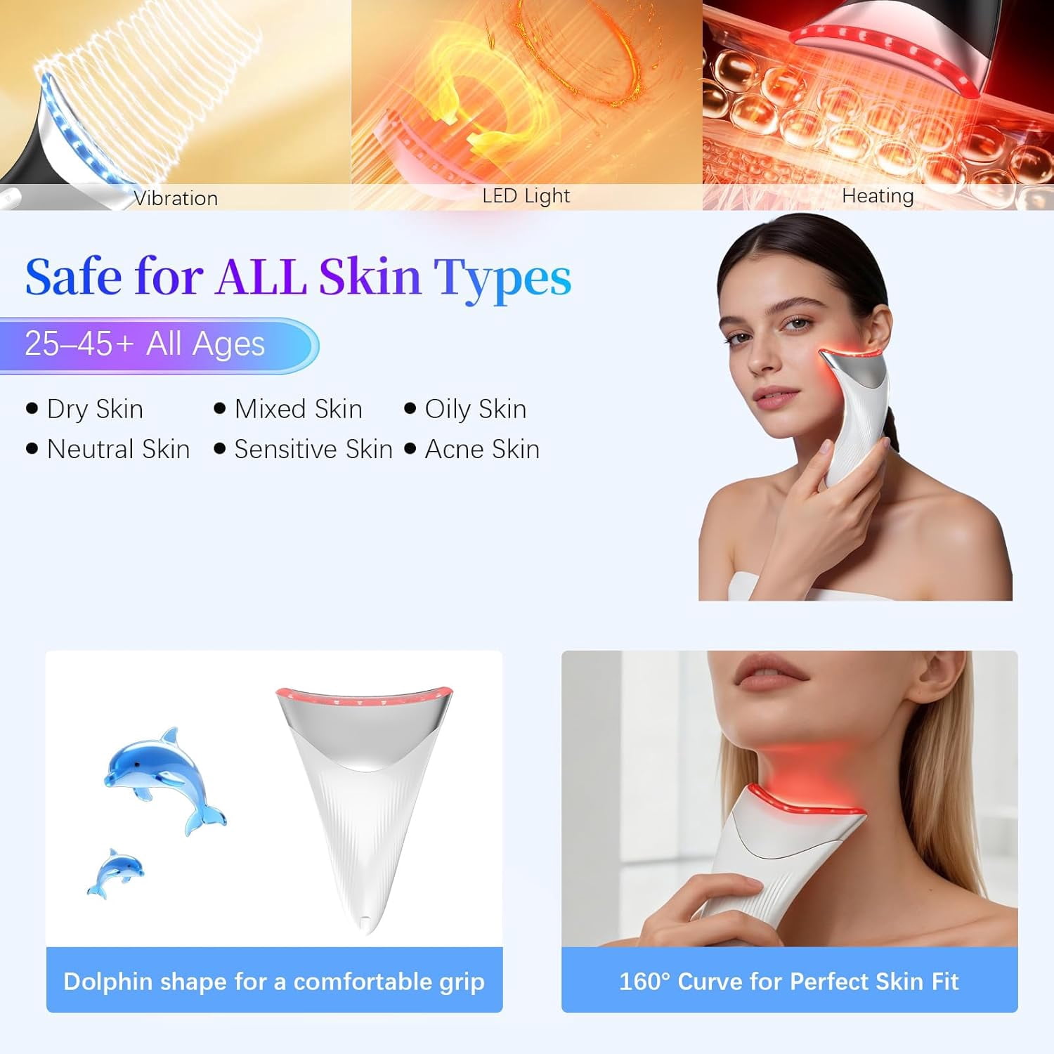 7 Color LED Neck Face Massager Red Light Care Beauty Device, Vibration & Heat Facial Sculptor Massager Tool for Anti-Wrinkle Skin Care, Ideal for Home Travel Gifts, White