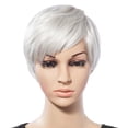 thumbnail image 3 of Pullover Toupee-Natural Short Grey White Wig Dress Costume Rose Net Synthetic Curly Wigs, Short Hair Wig with Side Bangs Fashionable Silver White, High Temperature Silkback to, 3 of 7