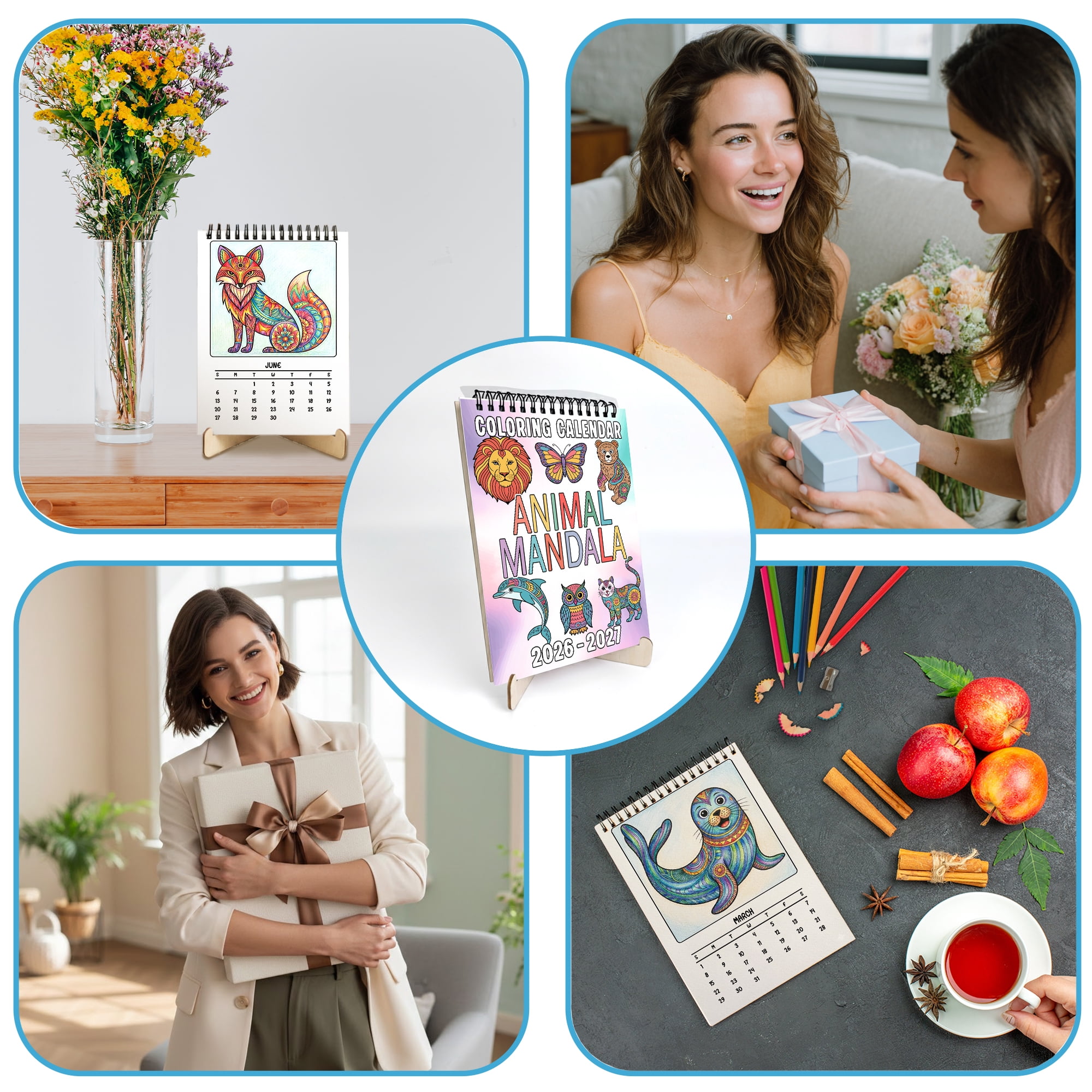 Animal Mandala Coloring Desk Calendar 2026–2027, A5 Wooden Cover Planner with 26 Easy Coloring Pages for Adult Relaxation, 24 Month Desktop Calendar with Stand, Gift for Family & Friends