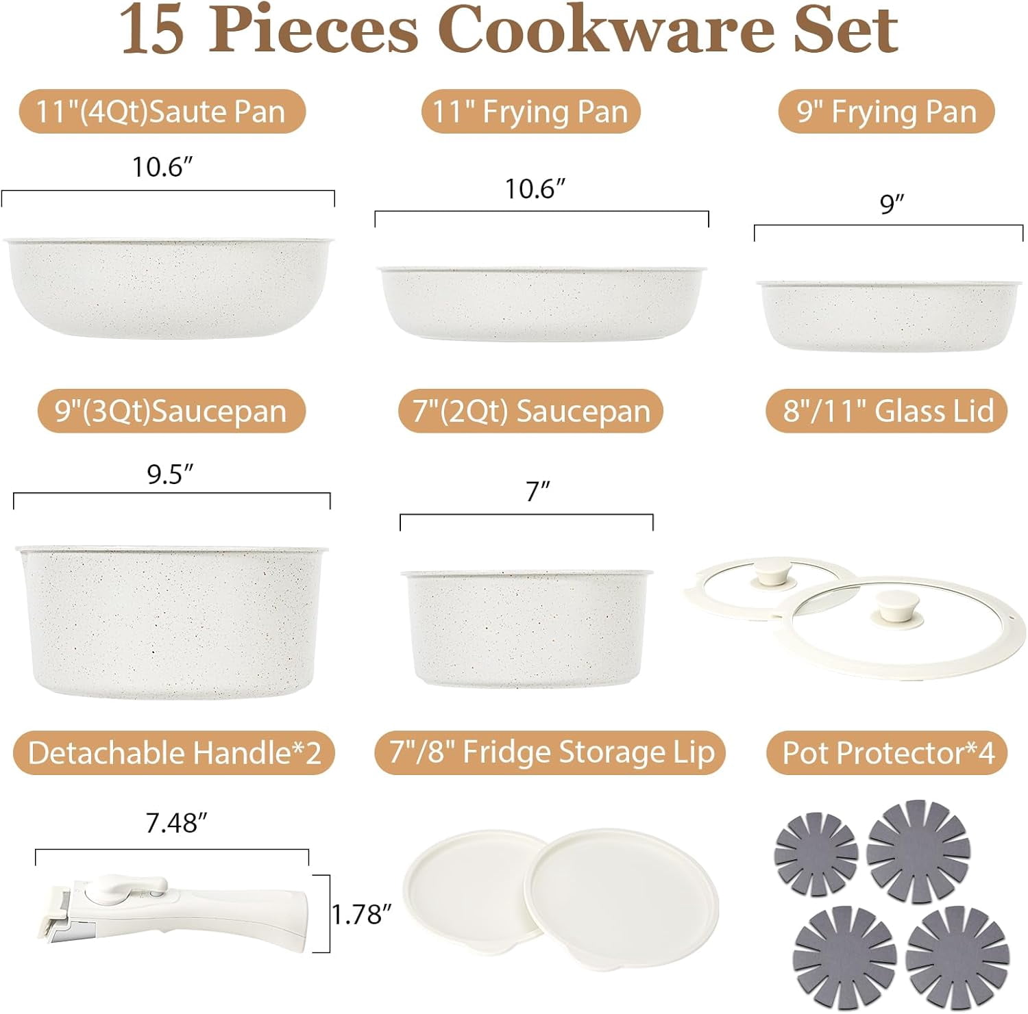 Soday 15Pcs Pots and Pans Set Removable Handle, Nonstick Cookware Set, Induction Compatible, White