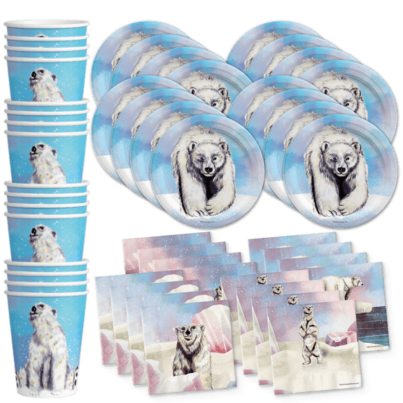 Polar Bear Birthday Party Supplies Set - Bear Party Supplies - Winter Celebrations Plates, Napkins, and Cups - Tableware Kit for 16