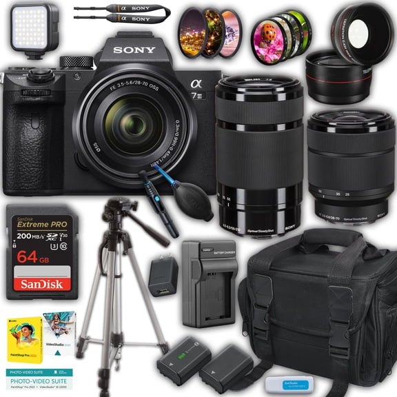 Sony a7 III Mirrorless Camera w/ 28-70mm & 55-210mm Lenses   64GB Memory, Case & Travel Charger (International Version, No Manufacturer Warranty)