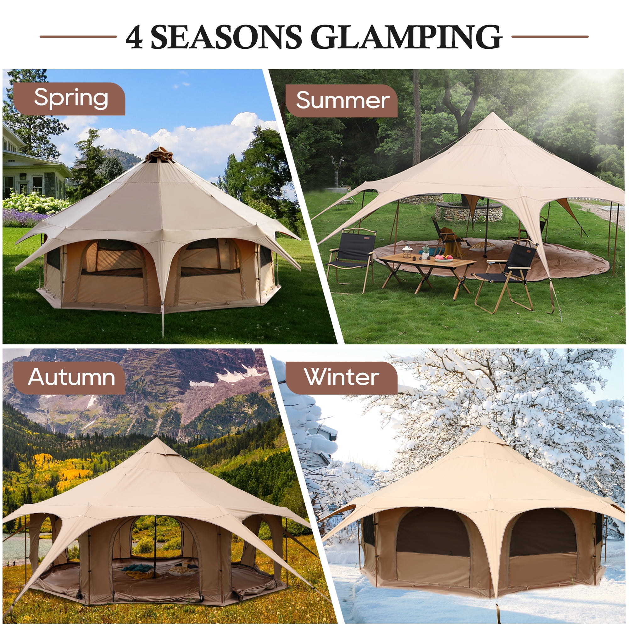 5M Cotton Canvas Bell Yurt Shelter with Stove Jack, 4-Season Glamping Tent for Year-Round Camping and Outdoor Living, Khaki