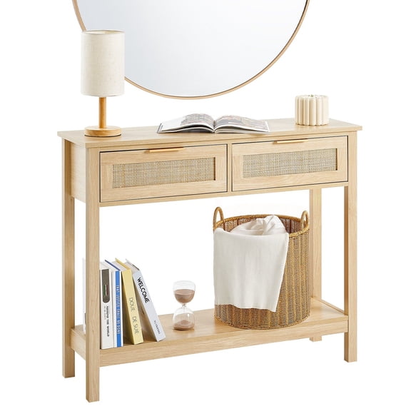 Rattan Console Table with 2 Storage Drawers Natural Rattan Sliding Door Sofa Table for Living Room Study Entryway TV Wall