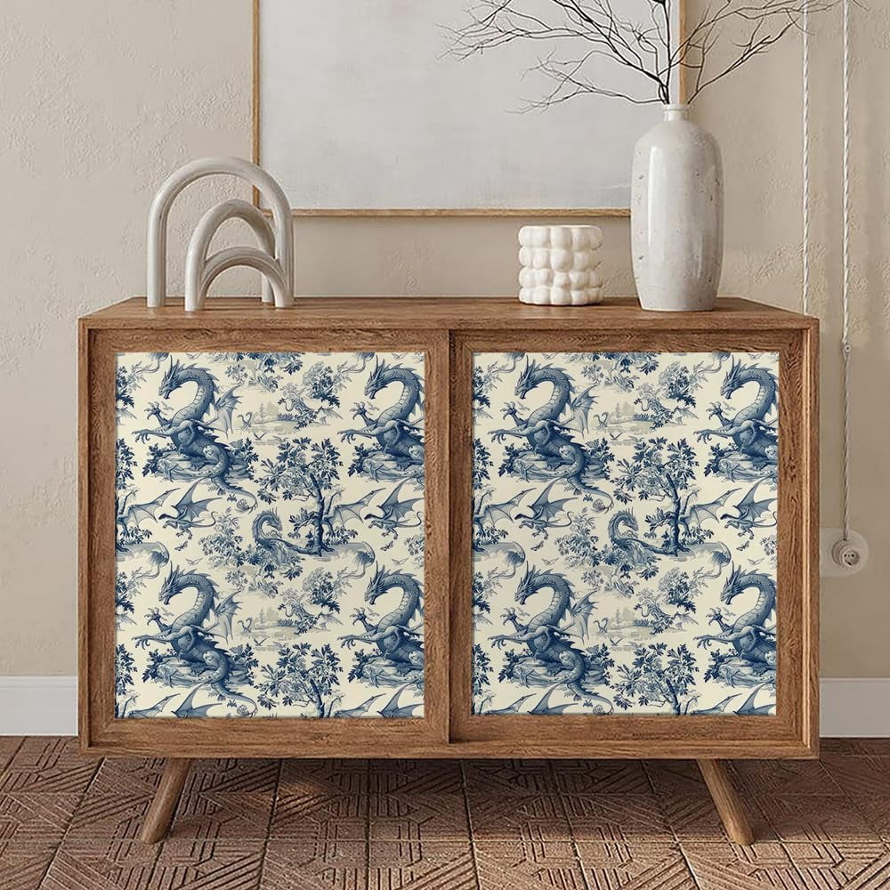 Wild Creature Dragon Light Yellow Blue Tree Peel and Stick Wallpaper Easy Peel Off Contact Paper Vintage Vinyl Self Adhesive Removable Stick on Wall Paper for Kitchen Cabinet Renter Friendly