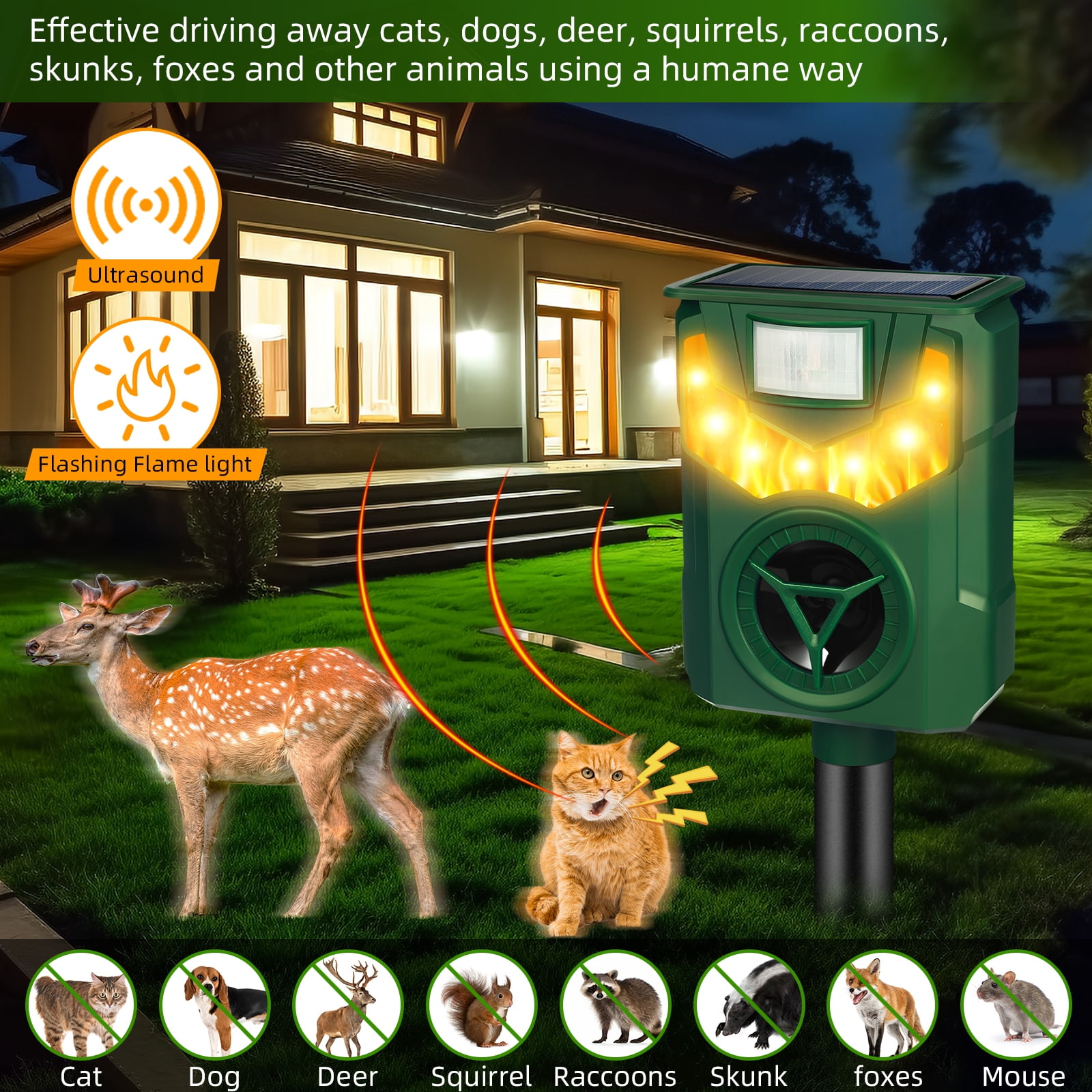 Ultrasonic Animal Repeller Solar Powered Outdoor,Deer Repellent Devices with Motion Sensor Flame Light Waterproof Animal Deterrent for Deer Raccoon Cat Squirrel Skunk Dog Rabbit Coyote and More