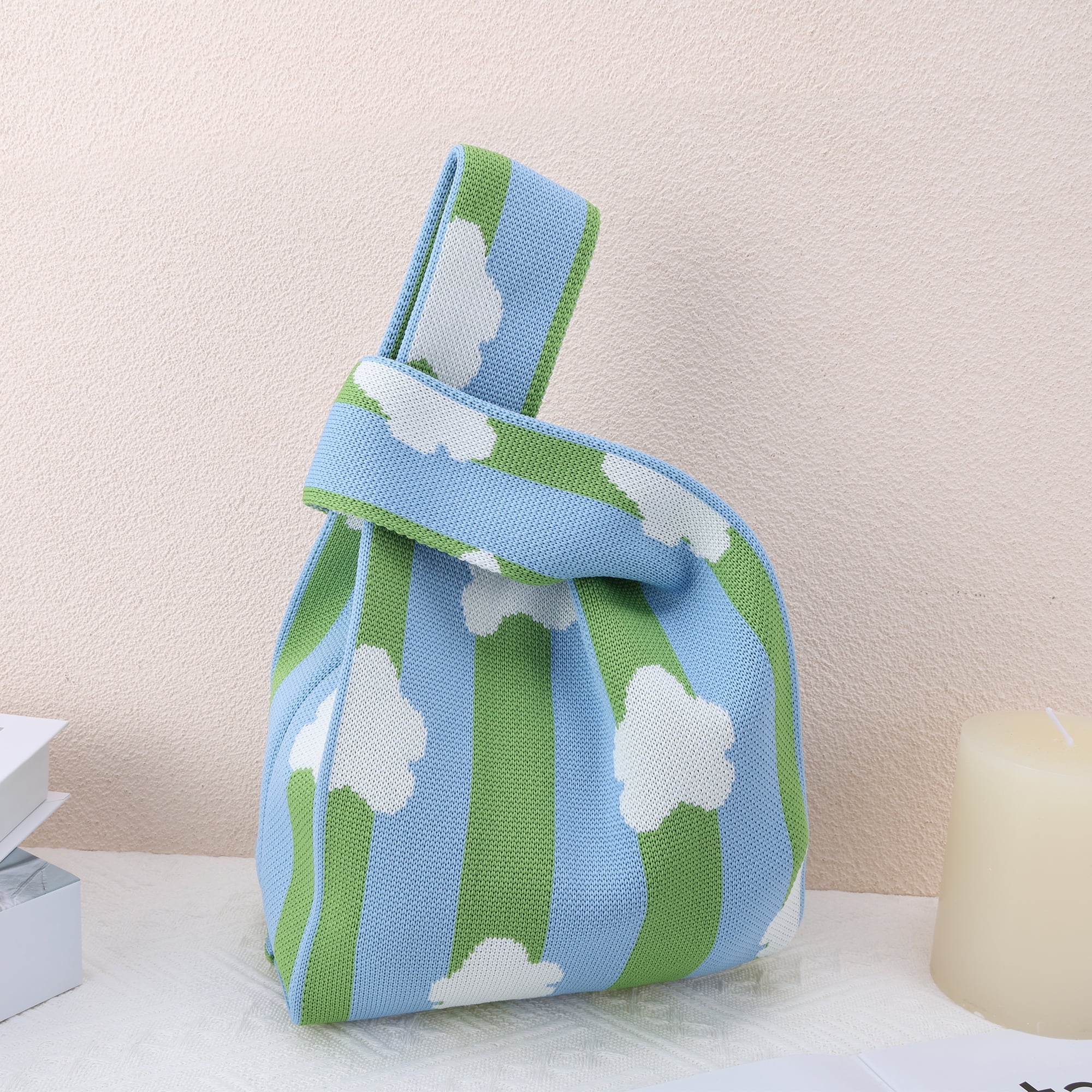 Unique Bargains Stripe Flower Knitted Wrist Bag Green Blue White 1 Pc
