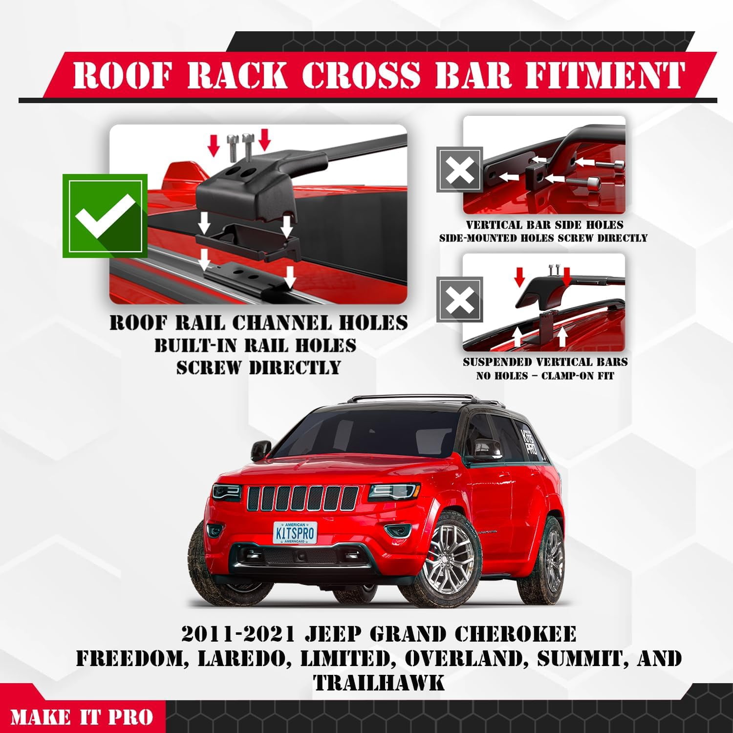 KitsPro 260lb Roof Rack Cross Bars for 2011-2021 Jeep Grand Cherokee (ONLY FIT Factory Grooved Side Rails), Matte Black Heavy Duty Aluminum Cargo Crossbar