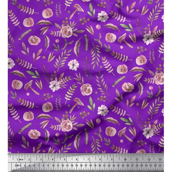 Soimoi Purple Cotton Cambric Fabric Pecan Leaves & Rose Floral Fabric Prints By Yard 42 Inch Wide