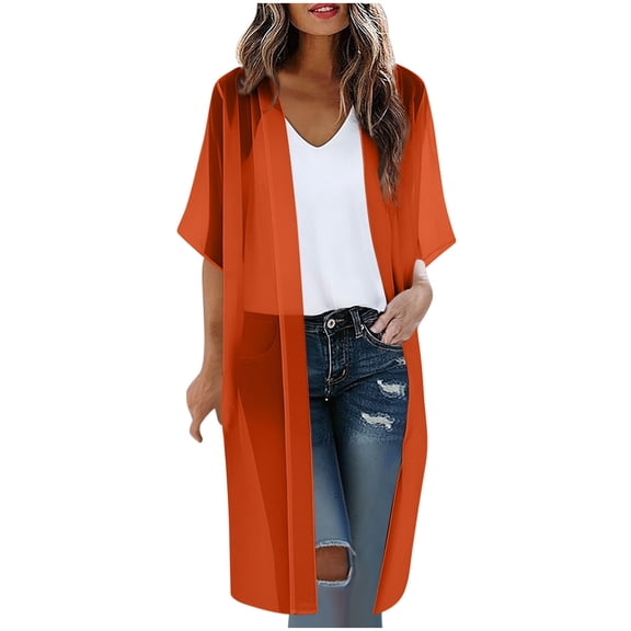 PBFRDSJ Women's Beach Kimono Cover Ups Plus Size Loose Sheer Mesh Half Sleeve Long Cardigans Resort Wear