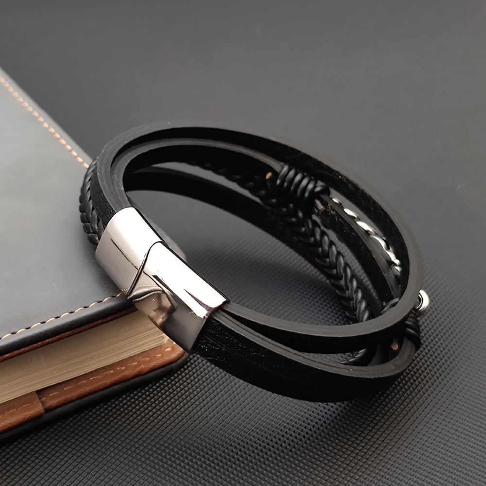 YIFSIY Black Mutil-layer Braided Leather Bracelet with Six Pointed Star Stainless Steel Cuff Bracelet for Men Women