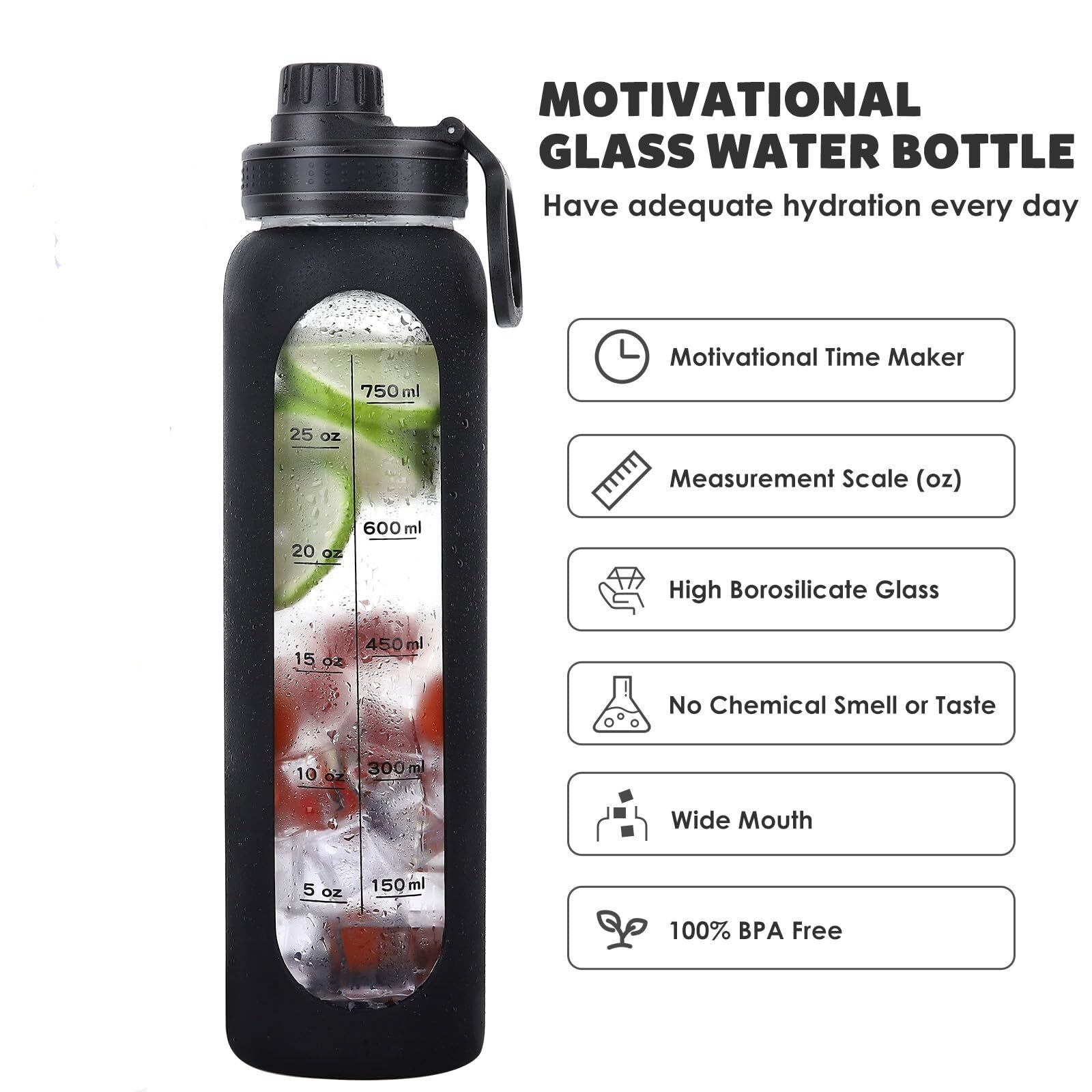Glass Water Bottles 32oz with Silicone Sleeve Drinking Hydration Bottles Reusable Borosilicate Wide Mouth Motivational Water Flask Canteen with Time Marker Spout Lid and Brush