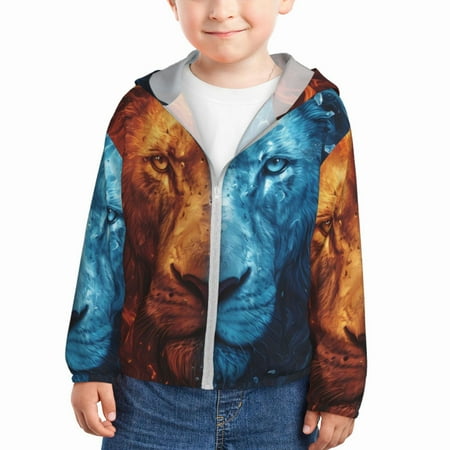 

Gaeub Red And Blue Fire Lion Print Athletic Sun Protection Hoodie for Kids Long Sleeve Outdoor UV Shirt Running Fishing Top for Boys Girls-18 Months