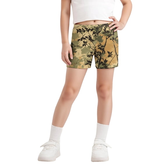 Abcomgle Camo Shorts for Girls 10-12 Elastic Waisted 4" Shorts Kids Maple Print Sweat Shorts Trendy Athletic Pull on Short Pants,Earthy Yellow,12-13Years