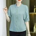 thumbnail image 2 of JGGSPWM Women Short Sleeve Cotton Linen Chinese Mandarin Collar Button Down Vintage Dressy Casual Work Tops Blouse Green 4XL, 2 of 4