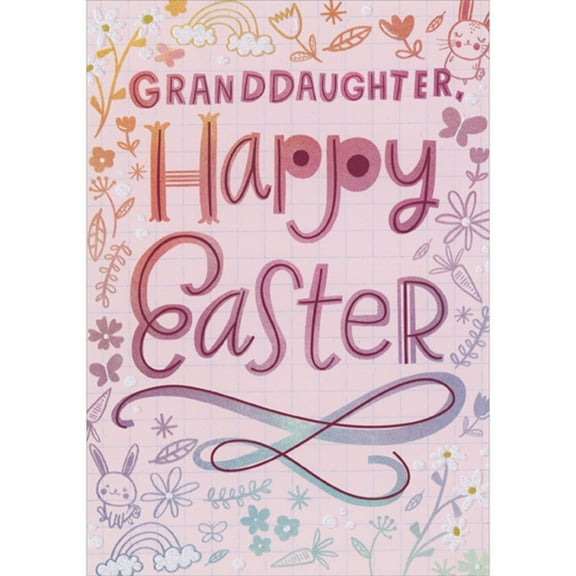 Designer Greetings Doodle Border: Daisies, Clouds, Tulips, Bunnies, Flowers on Pink Juvenile Easter Card for Pre-Teen Granddaughter