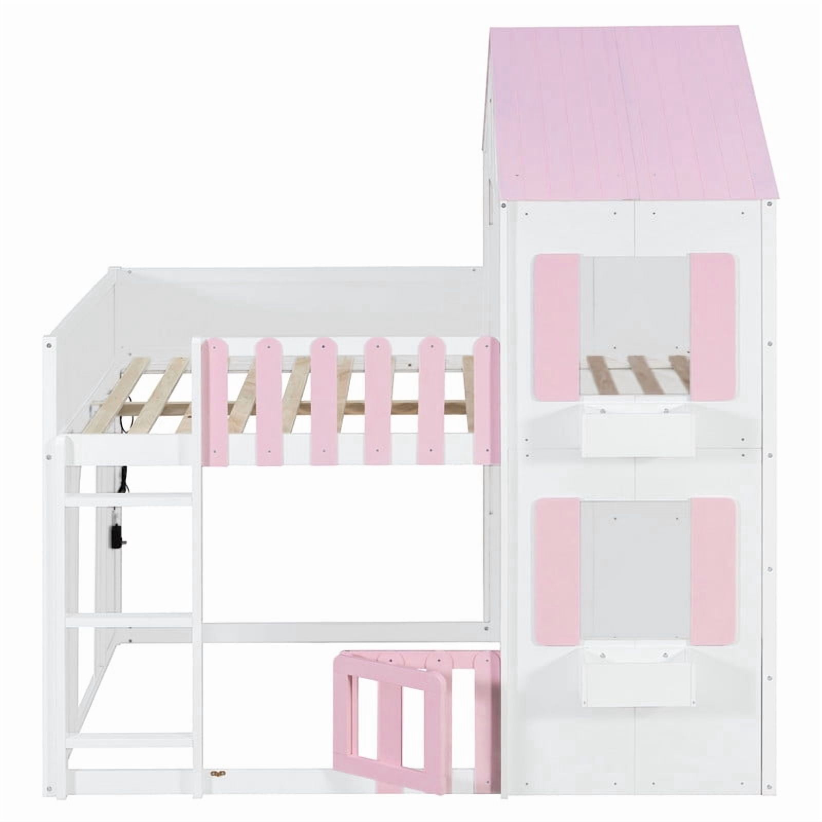 Full over Full House-Shaped Bunk Bed with Roof and Window, Kids/Teens Playful Designed Bed Frame with Fence and LED Light