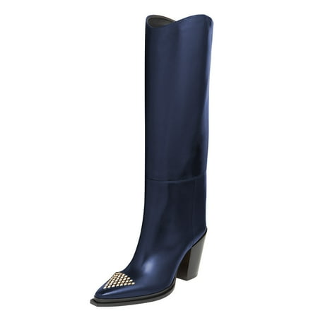 FSJ Women Classic Triangle Rivets Studs Pointed Closed Toe Knee High Boots Chunky Block High Heels Pull On Comfort Casual Office Wear Shoes Size 16 Blue