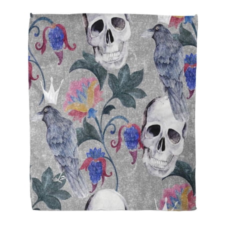 SIDONKU Throw Blanket Warm Cozy Print Flannel Watercolor Ethnic Paisley Flowers and Skull Raven Gothic Floral Comfortable Soft for Bed Sofa and Couch 58x80 Inches