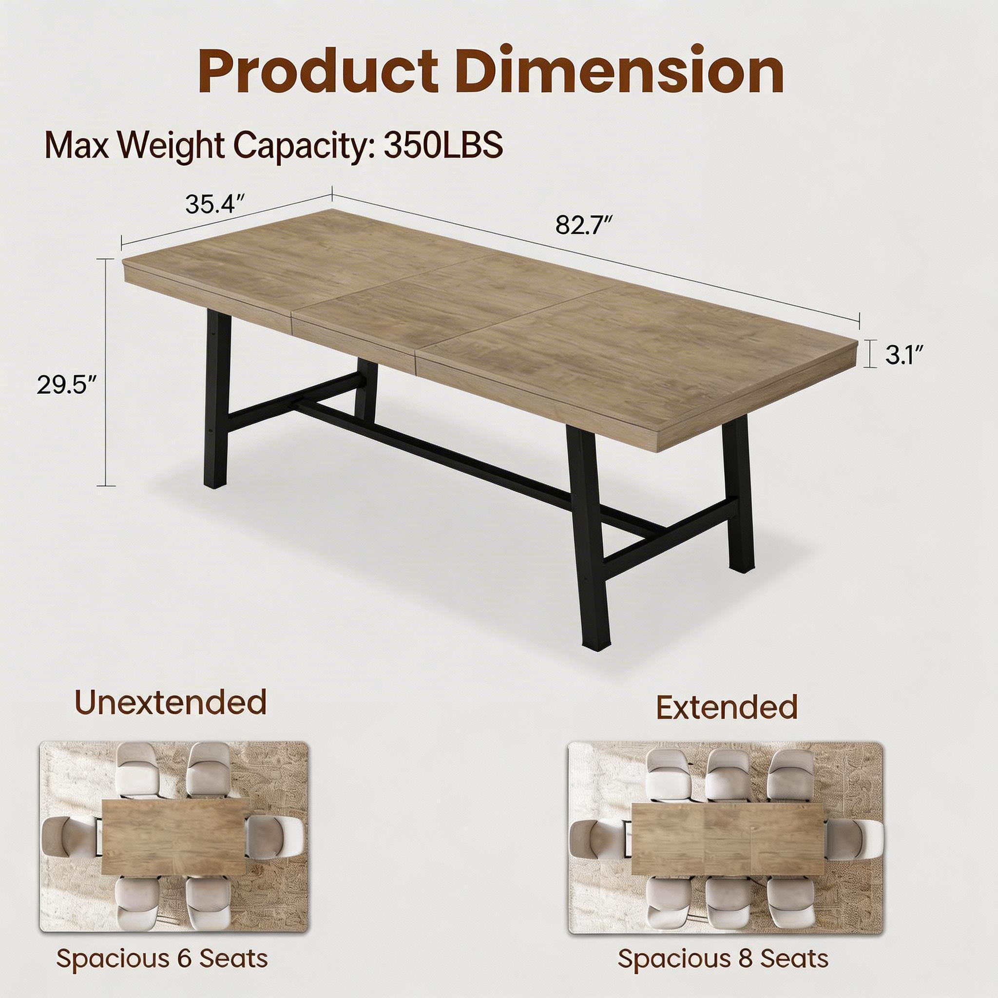 63"-83" Extendable Industrial Dining Table - Seats 6-8 - Expandable Rectangular Kitchen Table with Metal Frame for Parties-Gray