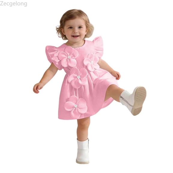 Zecgelong Toddler Girls Fly Sleeve Floral Holiday Party Dress Dance Party Dresses Clothes Girls Floral Dresses Size 6-12 Months Pink