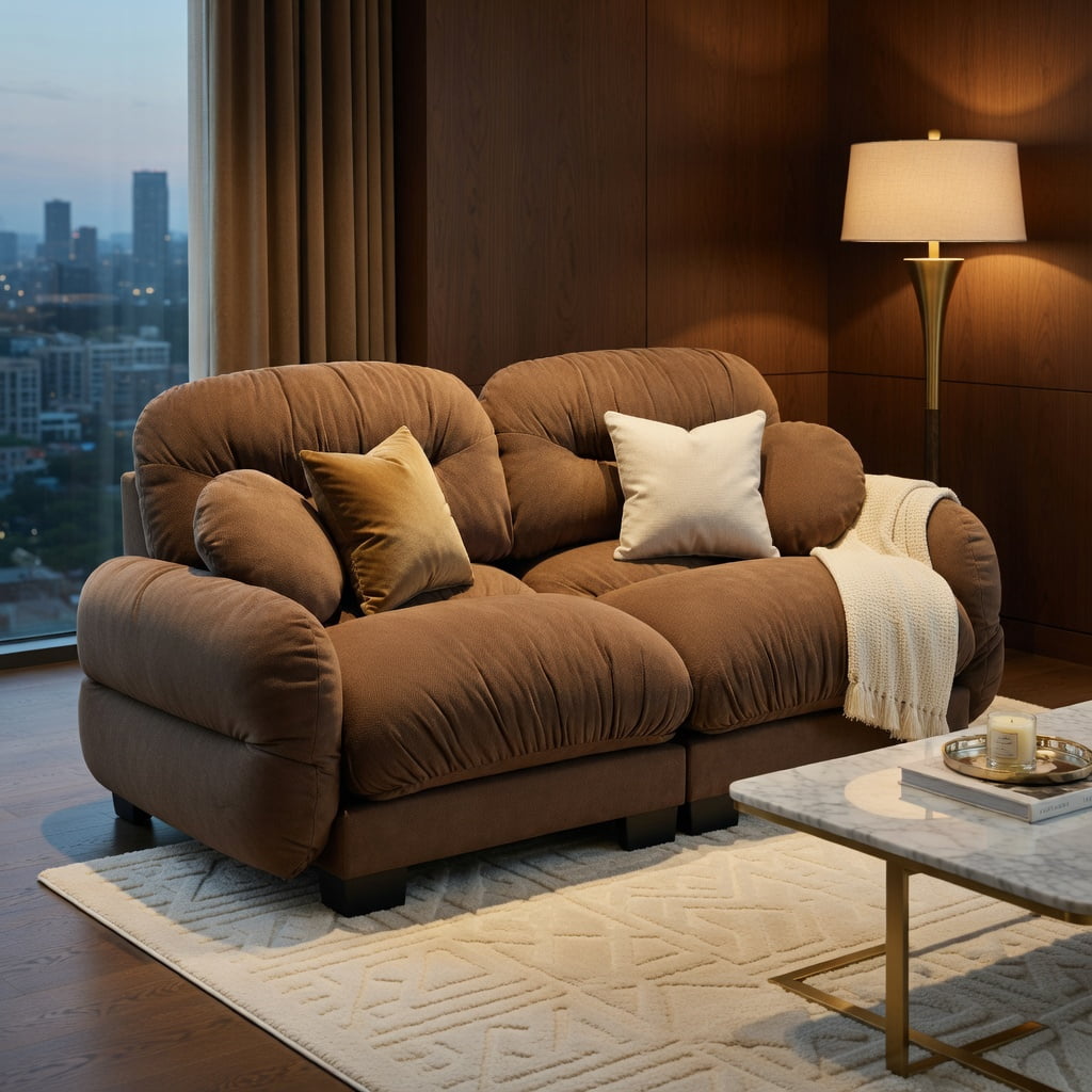 Hommoo 2-Seater Modular Chenille Sofa, Pleated Back Design, Ergonomic High-Density Foam, Curved Armrests & 2 Throw Pillows, Brown