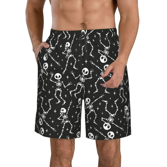 Saiise Retro Skeleton Dancing On Halloween Party Print Men's Swim Trunks Hawaiian Bathing Suit Swimsuits Beach Shorts with Pockets-Medium