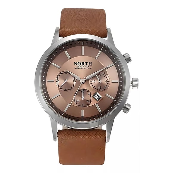 Reloj pulsera North 6009 con correa de cuero color marrón - fondo nude - bisel plateado