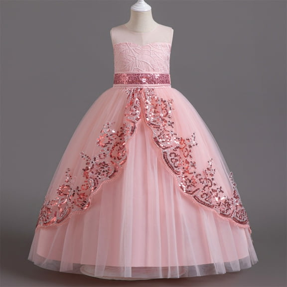 Girl's Embroidery Tulle Lace Flower Girl Wedding Dress Girls' Summer New Sleeveless Ruffled Lace Round-Neck Embroidery Mesh Princess Bow Skirt Pink 7-8 Years