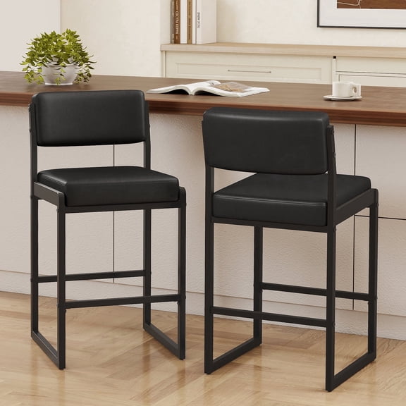MultiHaven 26" Counter Height Bar Stools Set of 2,Industrial Swivel Stool with Thick Upholstered Cushion & Back for Kitchen Island,Cafe,Bar - Black PU