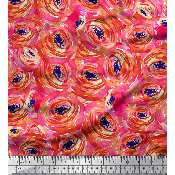 Soimoi Orange polyester Crepe Fabric Watercolor Floral Printed Fabric 1 Yard 42 Inch Wide