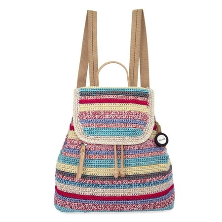 The Sak Sayulita Backpack - Hand Crochet Bag With Adjustable Removable Straps - Women's Handbag for Everyday Travel, Handmade With Recycled Plastic - Eden Stripe