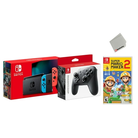 Nintendo Switch 32GB Console Neon Joy-Con Bundle with Wireless Pro Controller and Super Mario Maker 2 Game - Import with US Plug