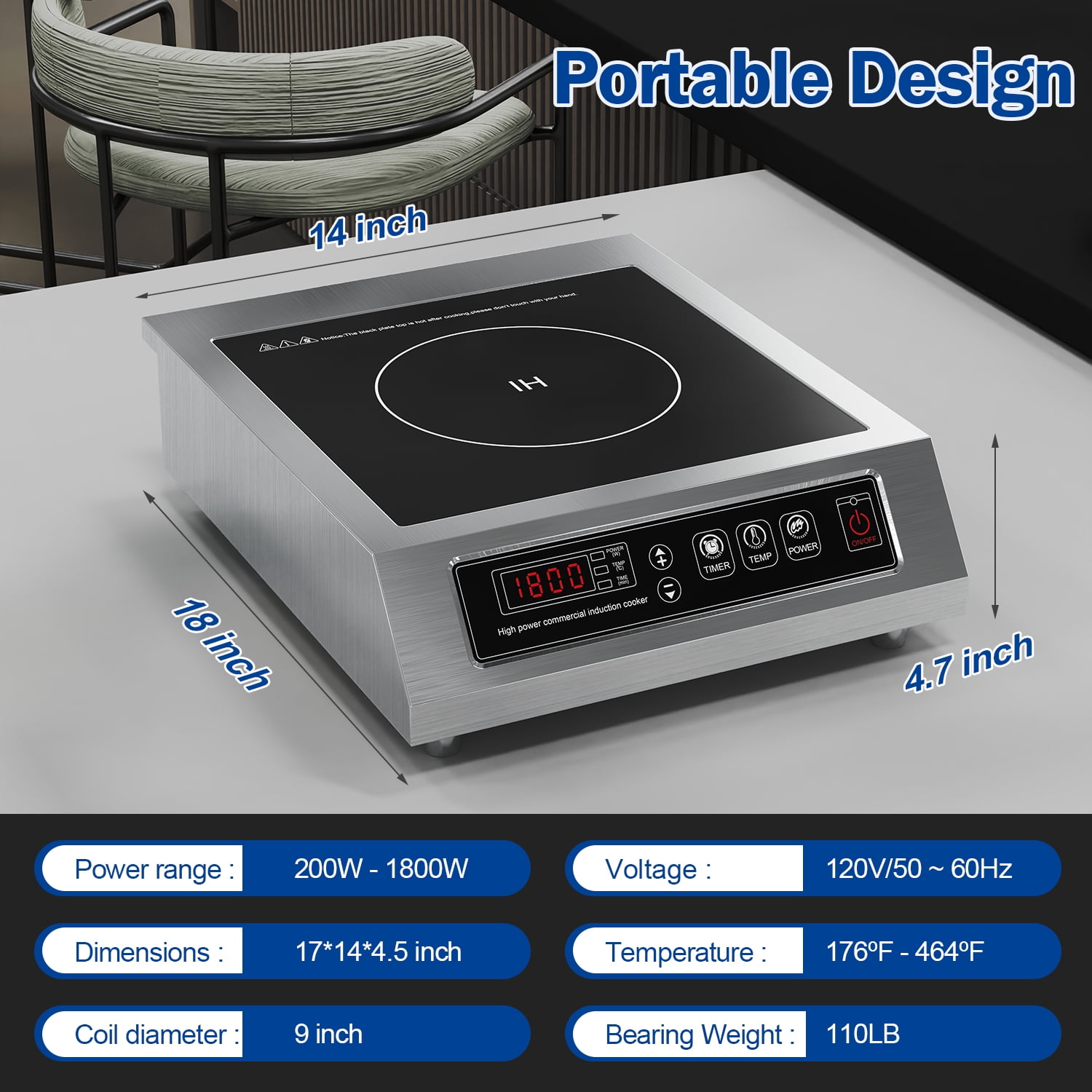 1800W 85V~120V Induction Cooktop Commercial Electric Stove Countertop Burners for Cooking Professional 18-hours Timer 16 Level Temp&Power Ctrl Chushifu
