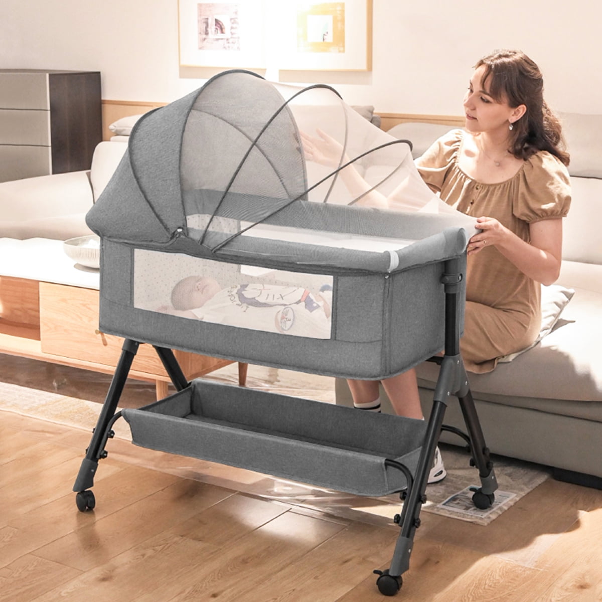 HDJ Baby Bedside Crib With Airs Mesh Wheels and Basket