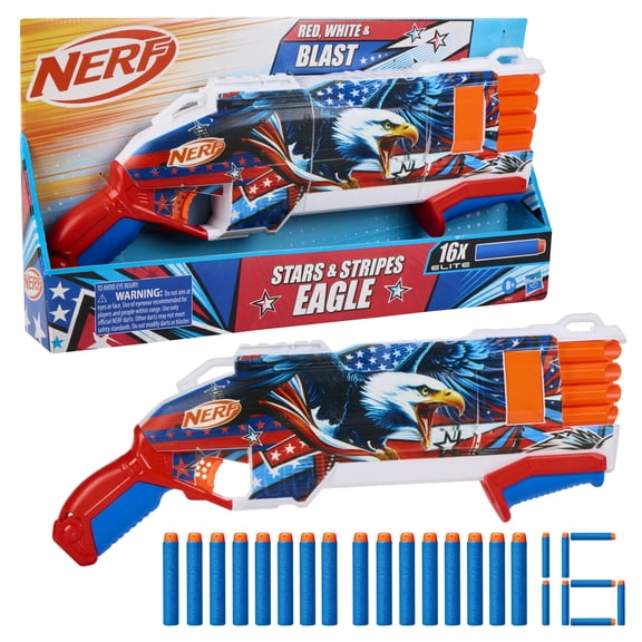 Nerf Elite Stars & Stripes Eagle Red, White & Blue Blaster, 16 Nerf Elite Foam Darts, 8 