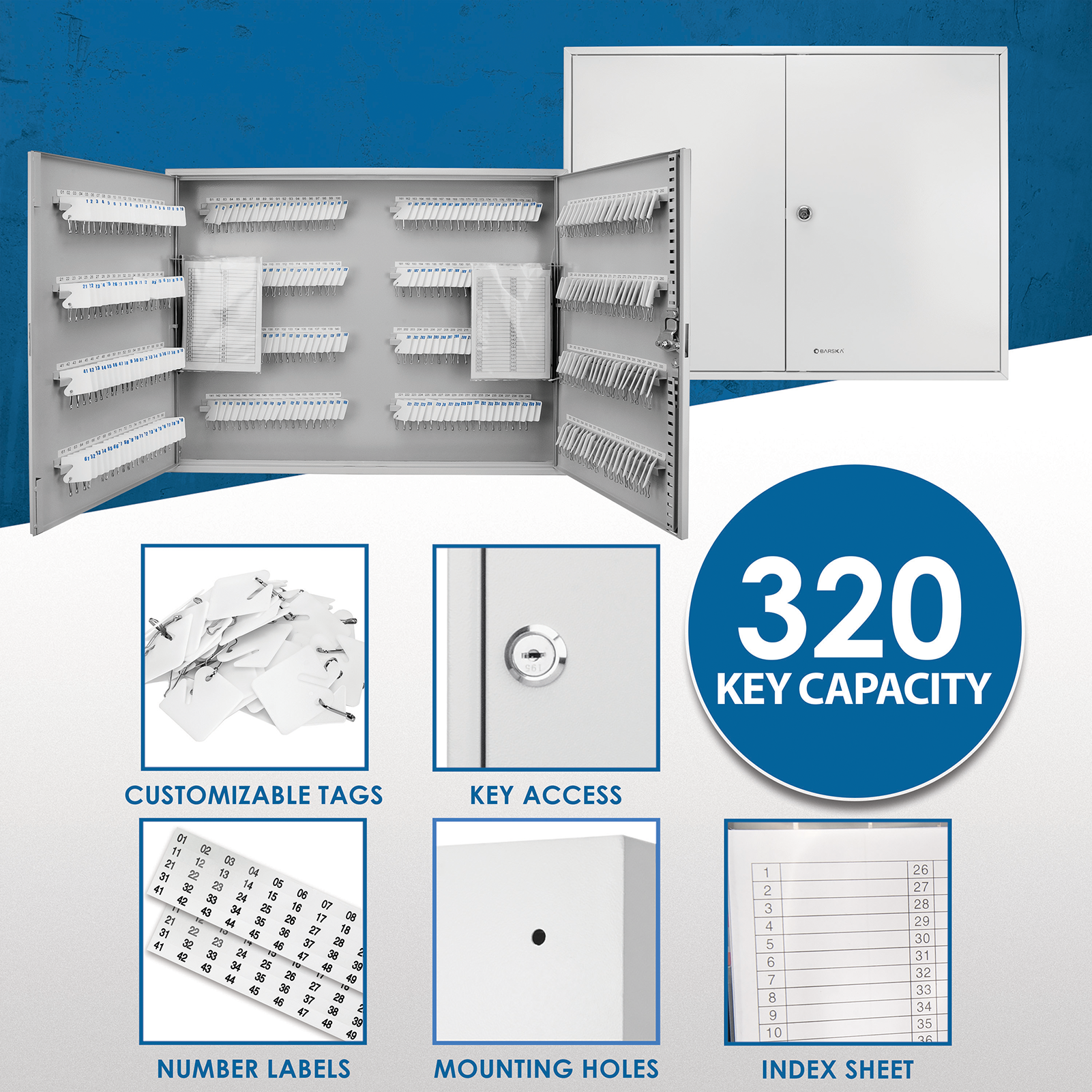 Vacmaster 320 Key Adjustable key cabinet lock box – Solid Steel Key Cabinet Wall-Mount Organizer,Key Organizer Key Safe for Home Office Garage Rental Business,with Numbered Hooks, Color Tags