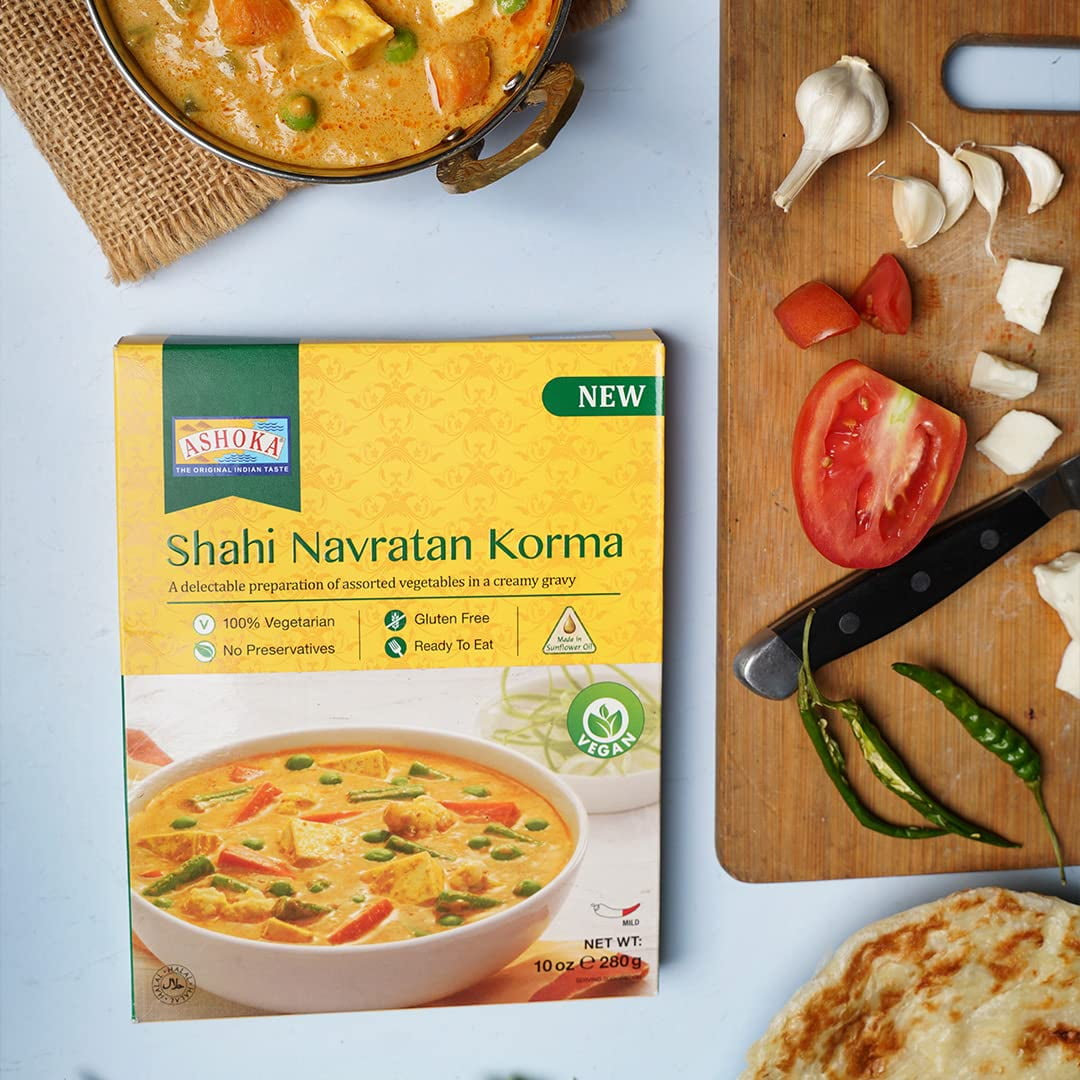 Ashoka Traditional Indian Meals 1932, Vegan Mixed Vegetable Curry, All-Natural Ready to Eat Microwavable Entrees, Shahi Navratan Korma, Kosher Certified, Gluten-Free with No Preservatives, Pack of 6