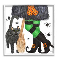 Stupell Industries Witch Broom Halloween Black Cat Holiday Painting White Framed Art Print Wall Art