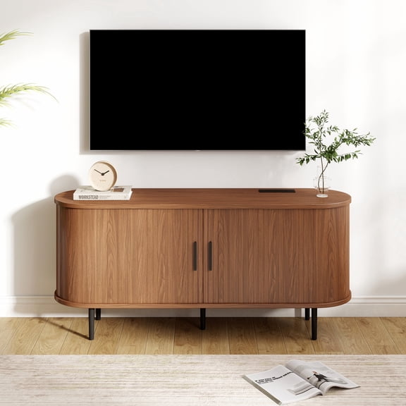 55" TV Stand with Power Outlet, Entertainment Center for TVs up to 60" with Storage and Adjustable Shelves, Modern Media Console with Sliding Doors for Living Room, Walnut