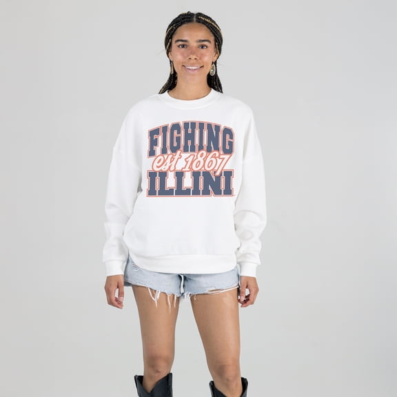 Women's Gameday Couture White Illinois Fighting Illini Oversized Faded Formation Premium Fleece Sweatshirt