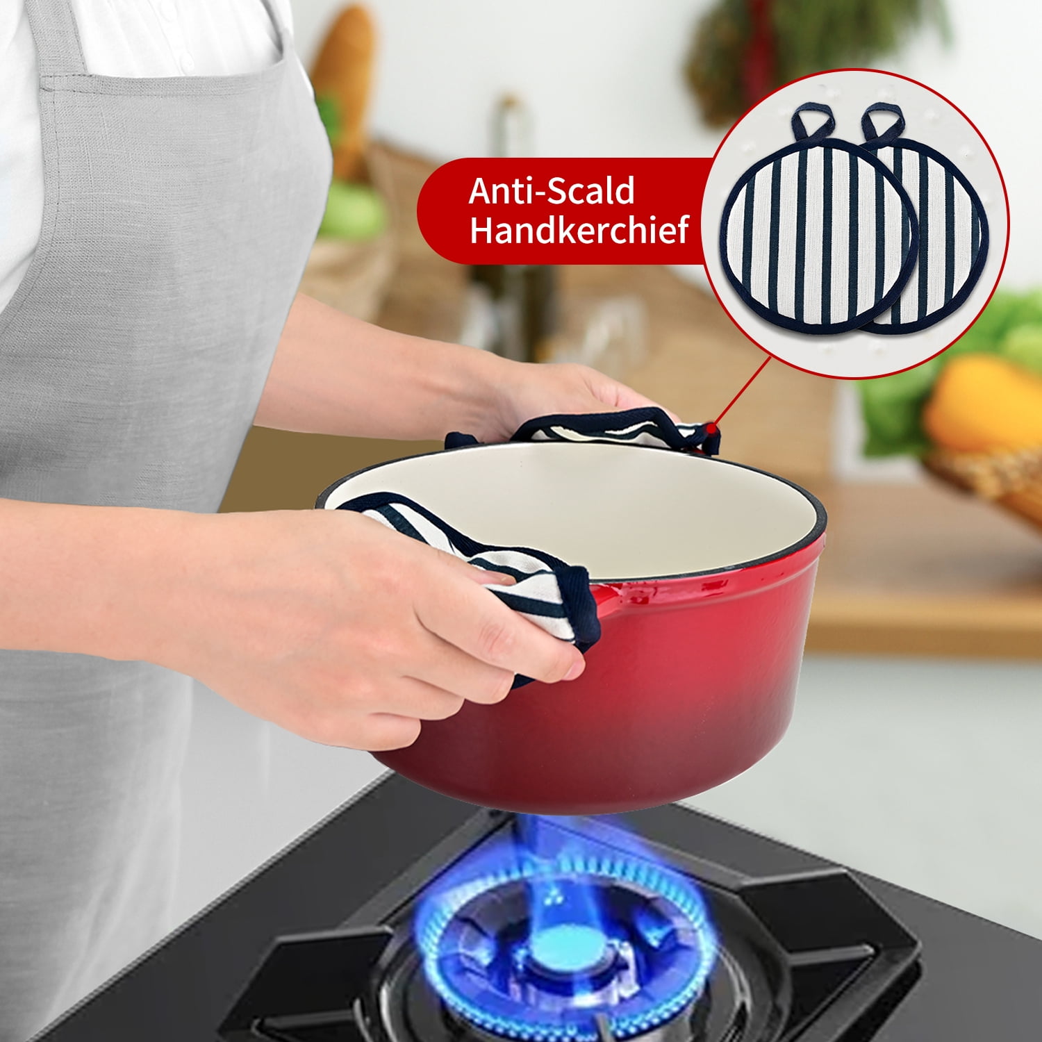 TINANA Enameled Cast Iron Dutch Oven, 5.5QT Pot with Lid and Cotton Potholders, Heavy-Duty Cookware for Braising, Stews, Roasting, Red